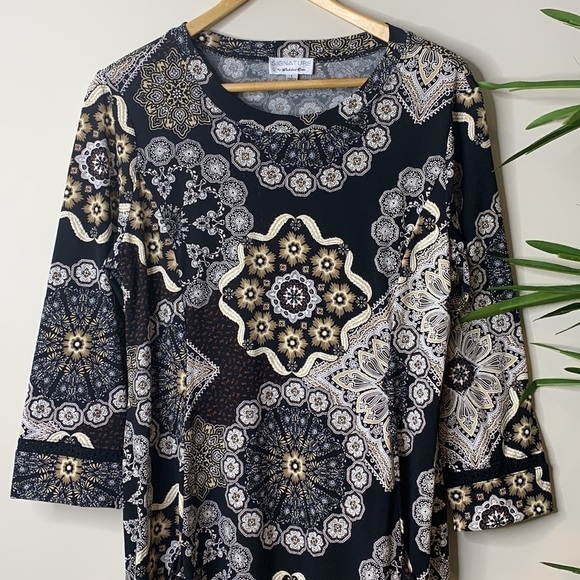 Signature Robbie Lee | Navy Elbow Sleeve Pocket Round Neck Graphic Print Dress L - Picture 3 of 17